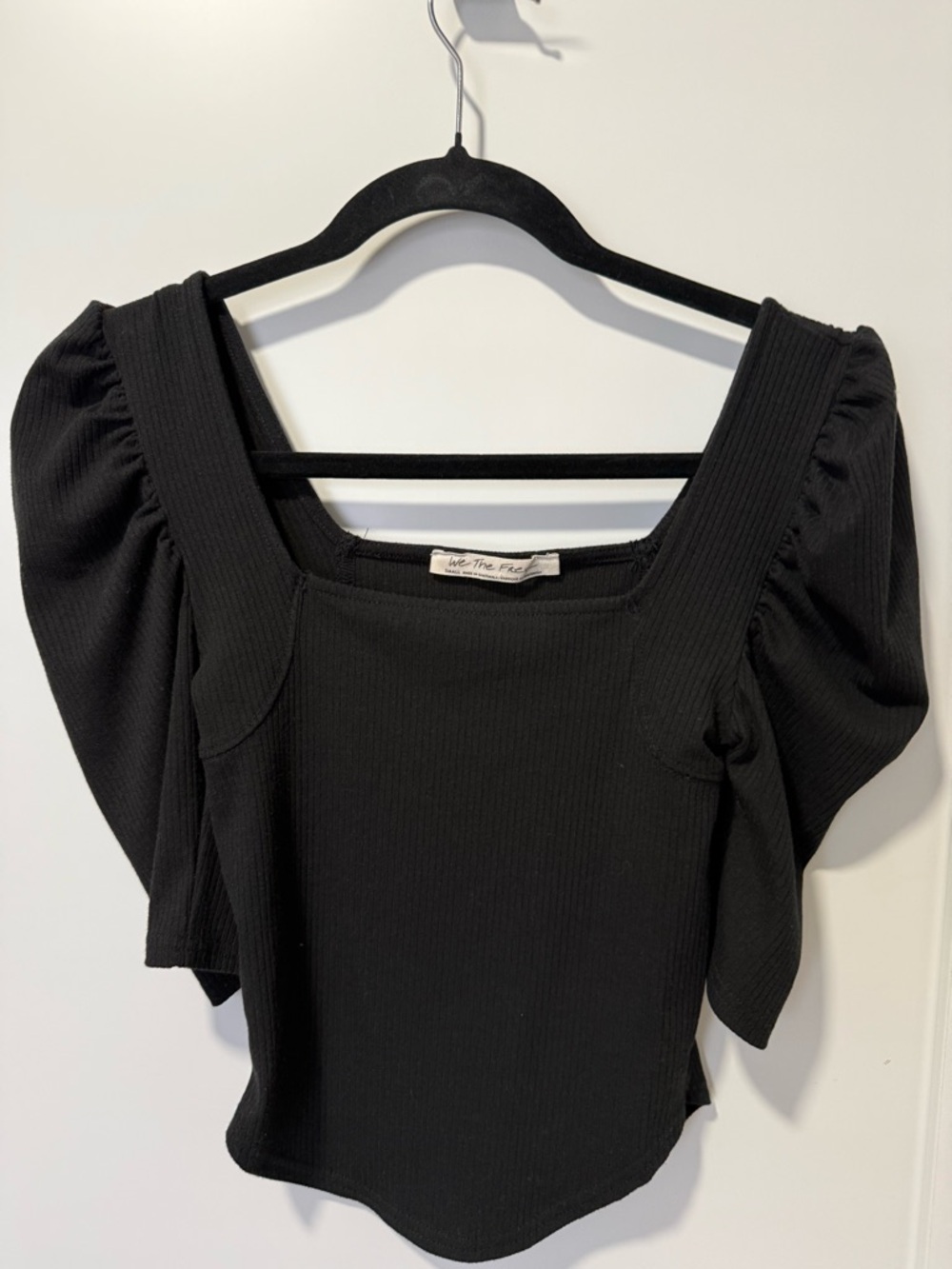 We The Free Black Nigh Lily Ribbed Square-Neck Puff Sleeve Top